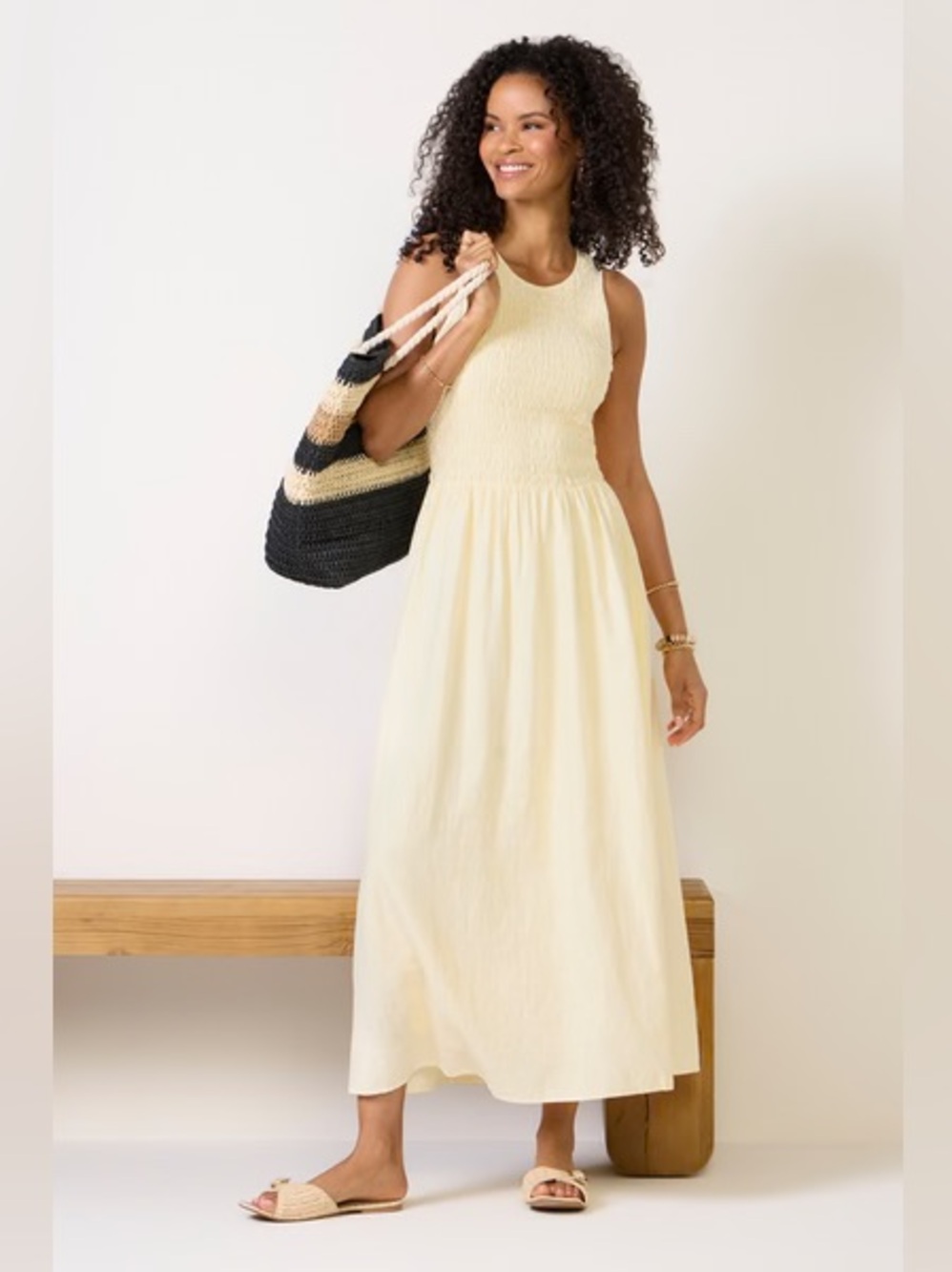Jopna smocked maxi dress butter yellow sleeveless pastel pockets round neck